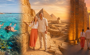 A travel collage of Egypt featuring snorkeling in the Red Sea, a couple at the Pyramids of Giza, and Luxor Temple at sunset.