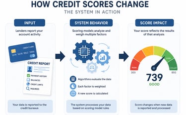 Credit score system diagram showing input, system behavior, and score impact explaining how credit s
