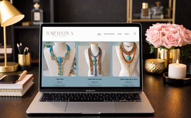 Handmade artisan necklaces displayed on a jewelry e-commerce website on a MacBook Air laptop.