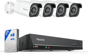 Reolink 4K security camera system with four white outdoor bullet cameras, 2TB hard drive, and NVR recorder.