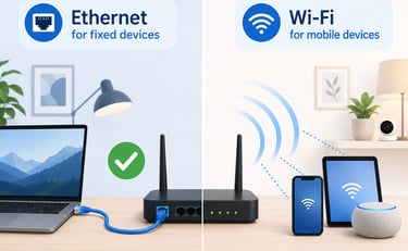 Ethernet cable connected to a router beside Wi-Fi devices using wireless signal at home.