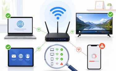 Home router with laptop, tablet, and TV working on Wi-Fi while one phone shows a slow connection warning during testing.