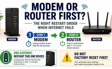 Modem first and router second restart order guide with one-gateway option and factory reset warning.