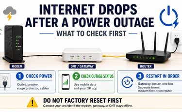 Home internet power outage checklist showing modem, gateway, router, restart order, and factory reset warning.