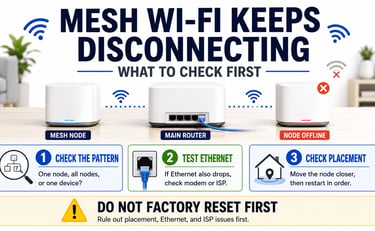 Mesh Wi-Fi nodes with one node offline, Ethernet test, placement check, and factory reset warning.