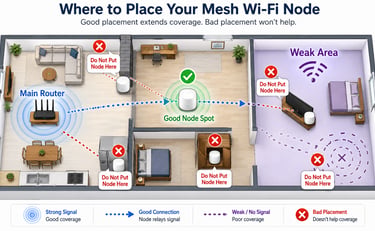 Mesh Wi-Fi node placement guide showing a main router, good node spot, weak area, and bad placement locations.