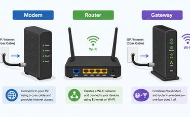 Modem, router, and gateway box comparison showing cables and labels.