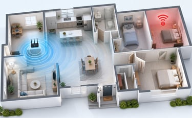 Home Wi-Fi dead zone shown on a house floor plan with weak signal in one room.