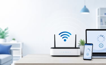 Home router and phone showing slow Wi-Fi troubleshooting guide