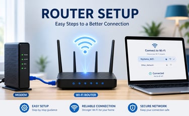 Home router connected to a modem with a Wi-Fi setup screen on a laptop.