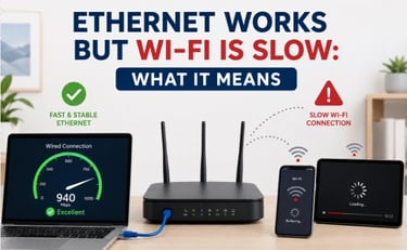 Router showing fast Ethernet on a wired laptop while phone and tablet show slow Wi-Fi connection warnings.