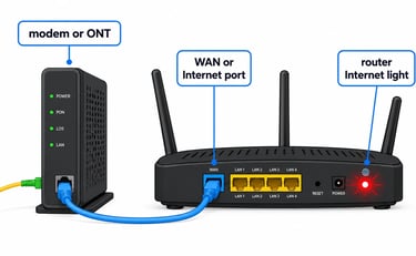 Router with red Internet light connected by Ethernet cable to a modem or ONT.