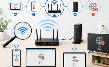 Router and modem setup showing devices connected to Wi-Fi but no internet, with warning icons on phone, laptop, tablet, TV