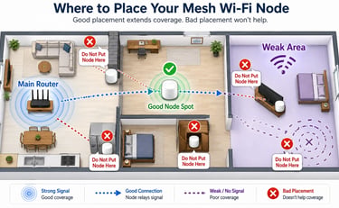 Mesh Wi-Fi node placement guide showing a main router, good node spot, weak area, and bad placement locations.