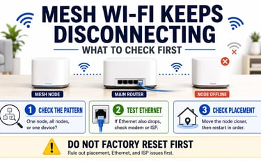 Mesh Wi-Fi nodes with one node offline, Ethernet test, placement check, and factory reset warning.