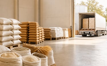 Depósito con stock de alimentos secos y camión de carga para abastecimiento mayorista desde Mendoza