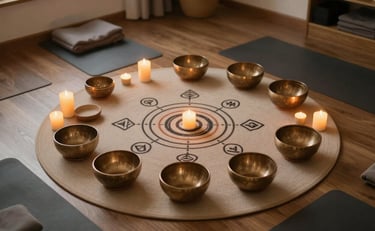 Home meditation space arranged for chakra balancing practice with sacred tools
