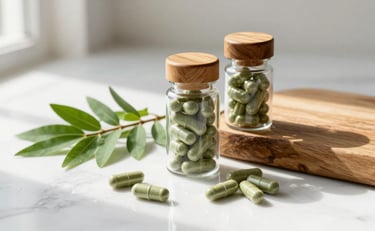 Premium moringa supplement capsules with fresh leaves showing quality organic sourcing