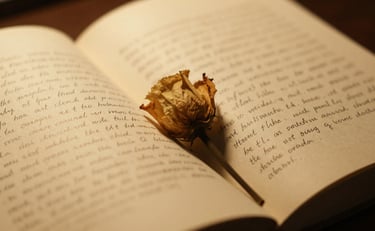 Open journal with handwriting and dried flower pressed between pages in warm light