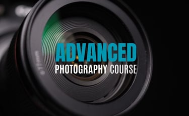 Close-up of a camera lens with text “Advanced Photography Course” overlayed.