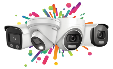 a group of three cameras with a rainbow colored background