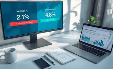 A/B testing comparison on monitor showing version performance and conversion rates