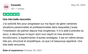 Avis 5 étoiles Trustpilot de Corentin sur le coaching personnalisé de Mujō