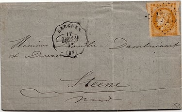Letter from BERGUES to the village of STEENE in the same rural district.