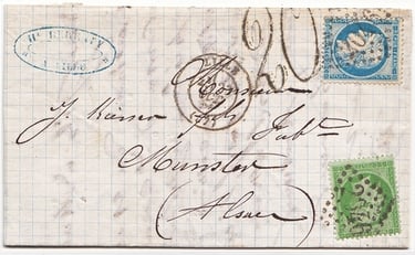 Letter franked at 25 c (tariff of 01/09/1871) for MUNSTER. Tax "20" applied at MULHOUSE.