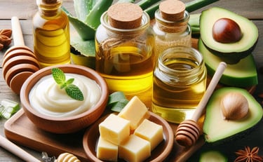 bowl of white cream, various glass bottles filled with golden liquids and a halved avocado