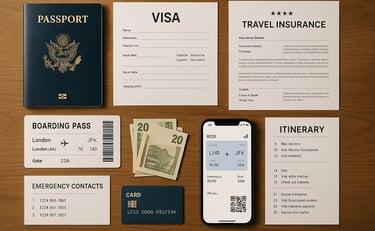 Flat lay of essential travel documents for solo travel including passport, visa, travel insurance, boarding pass, hotel booki
