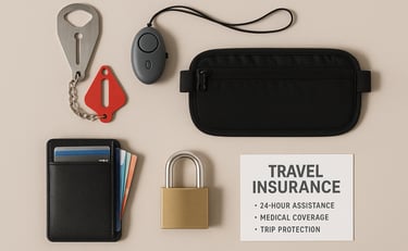 Flat lay of solo travel safety gear including portable door lock, personal safety alarm, discreet money belt, RFID-blocking w