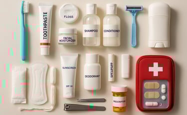 Flat lay of travel-size toiletries and personal care items including toothbrush, toothpaste, shampoo, body wash, razor, sunsc