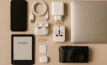 Flat lay of essential travel electronics including smartphone with charger, power bank, universal adapter, earbuds, e-reader,