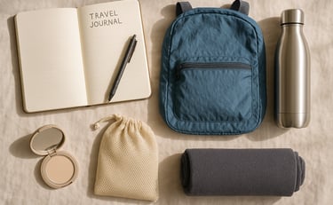 Flat lay of solo travel essentials including journal, collapsible daypack, reusable water bottle, travel laundry bag, compact