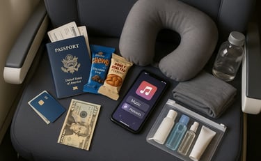 Flat lay of carry-on travel essentials including passport, snacks, travel pillow, empty water bottle, phone with entertainmen