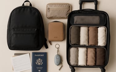 Organized solo travel packing layout with backpack, packing cubes, neutral clothing, safety alarm, travel documents, and RFID