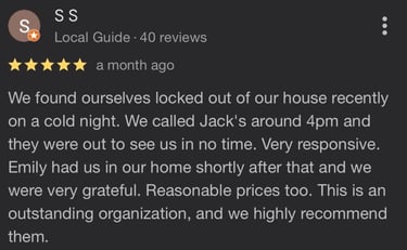 5 star Google review for Jack's Locksmith in Burnsville NC