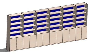 Custom wood library shelving unit with blue back panels and storage cabinets.