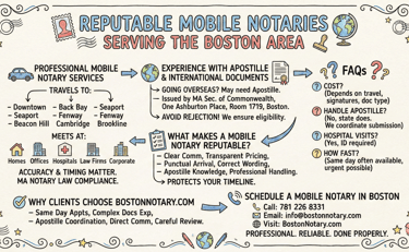 Mobile notary signing documents at client office in downtown Boston