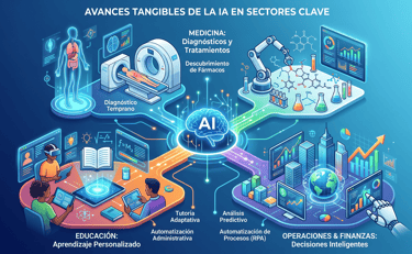 IA en medicina (diagnósticos), educación (personalizada) y finanzas (análisis predictivo).