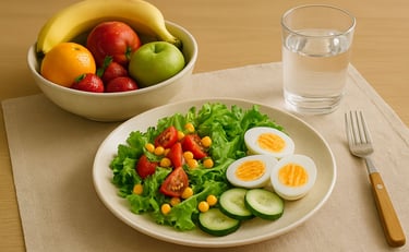 Mesa com salada colorida, frutas frescas e ovos cozidos — alimentação saudável para emagrecer em cas