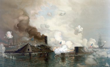 Battle of Hampton Roads, March 9, 1862. “USS Monitor vs. CSS Virginia,” by J. O. Davidson. Facsimile