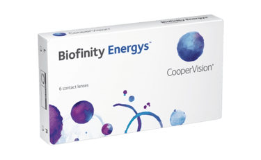 Box of CooperVision Biofinity Energys monthly contact lenses for digital eye strain relief.