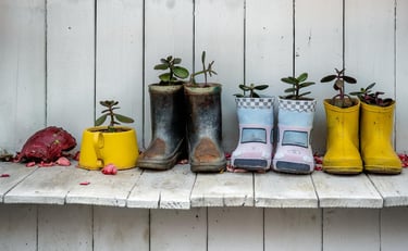 Rain boots repurposed into planters. 