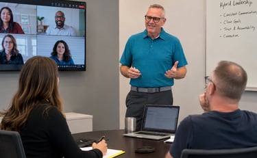 Doug leading a hybrid leadership training session with onsite and remote team members video call.