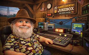 A smiling country radio DJ Bubba Bohacks in a hat broadcasting from a rustic barn studio.