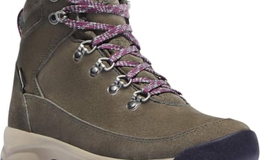 tan colored hiking boot with pink laces