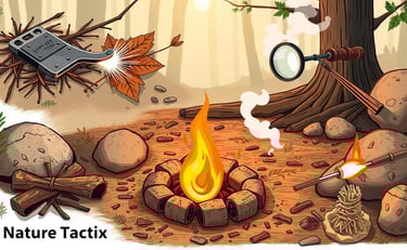 various fire-starting techniques in a natural setting