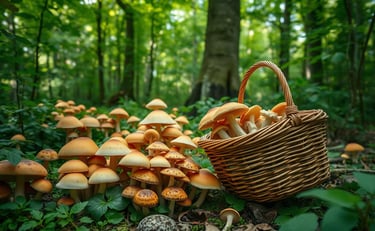 diverse array of mushrooms in forest with wicker basket